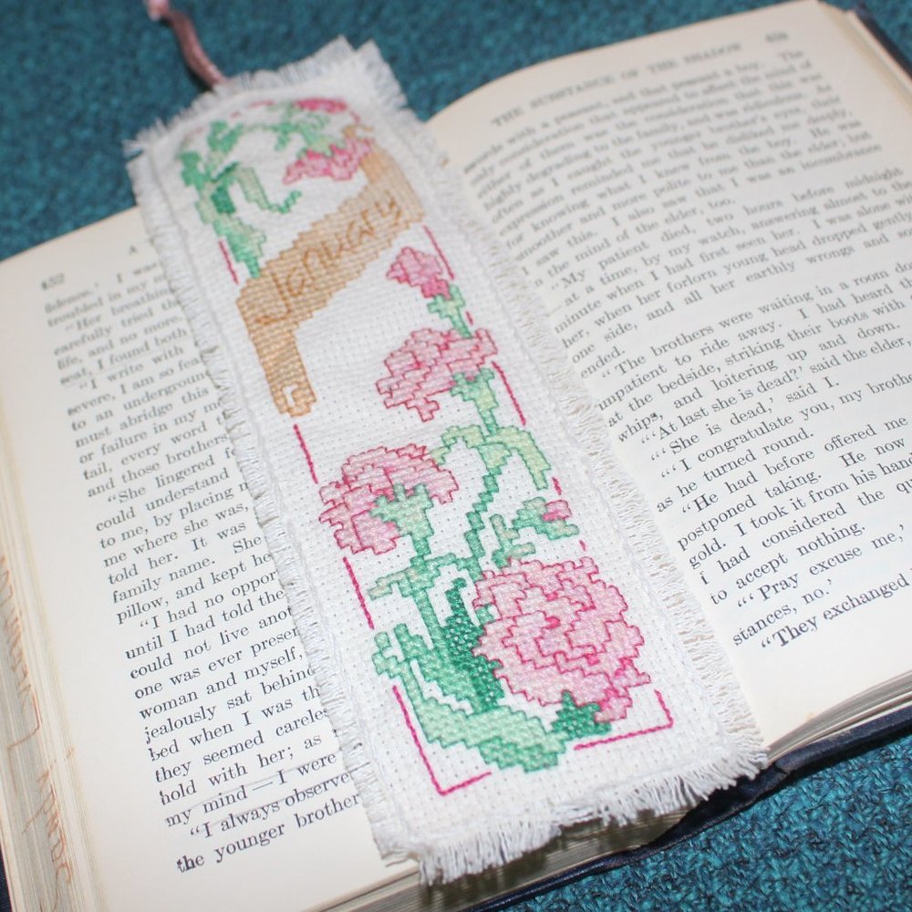 Bookmark JANUARY- CARNATION Hand Stitched Flower of the Month Bookmark